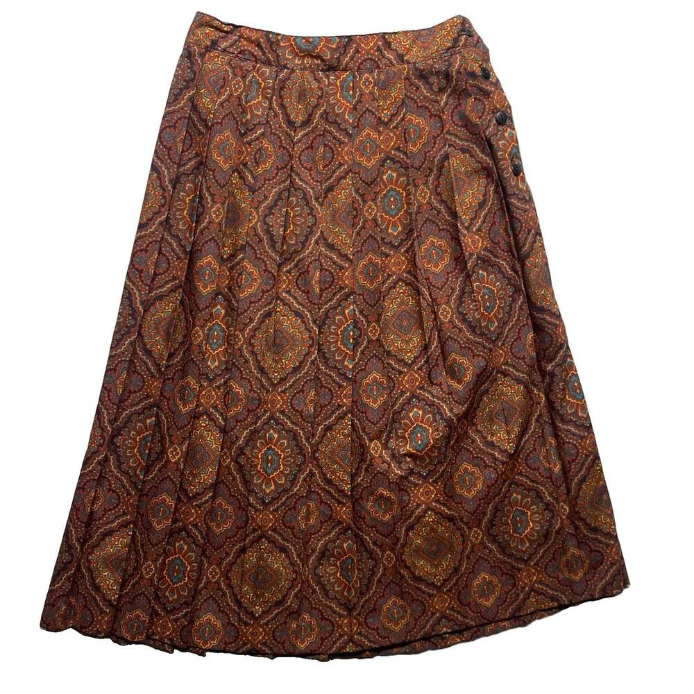 VTG 80s Paisley Midi Skirt Pleated Button Elastic Waist Boho Cottagecore Earth